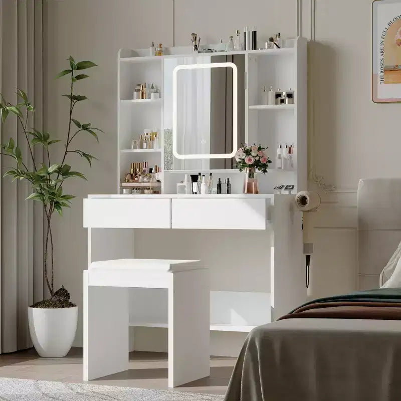 Coiffeuse avec miroir, coiffeuse avec tabouret rembourré, table de maquillage