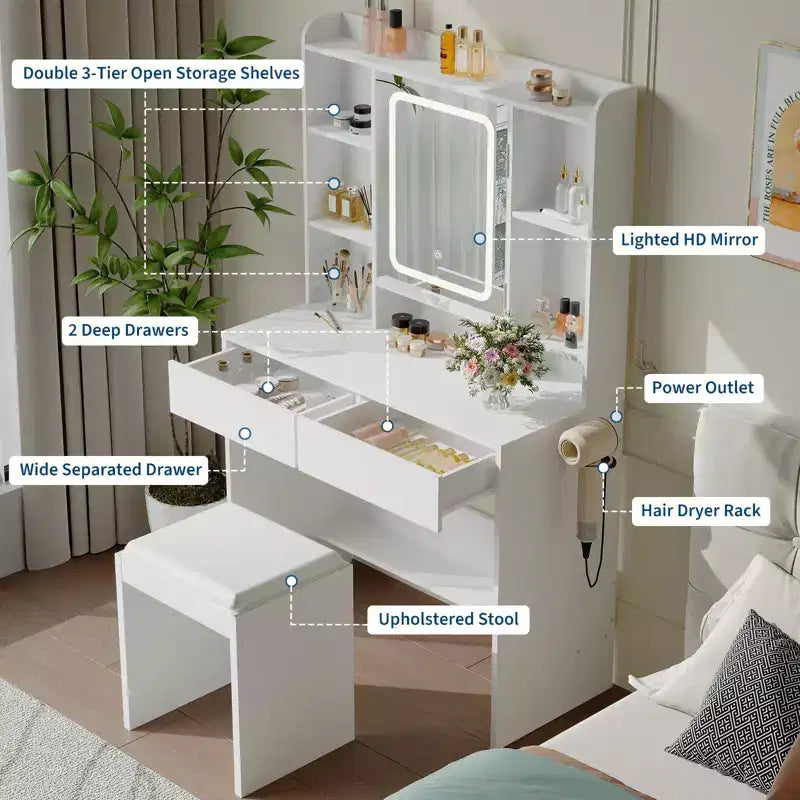 Coiffeuse avec miroir, coiffeuse avec tabouret rembourré, table de maquillage