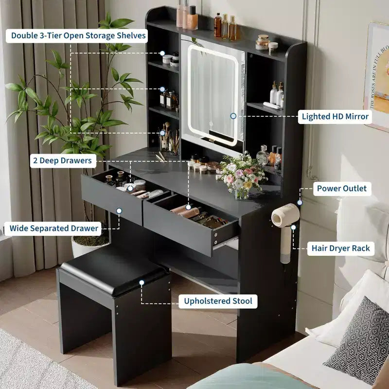 Coiffeuse avec miroir, coiffeuse avec tabouret rembourré, table de maquillage