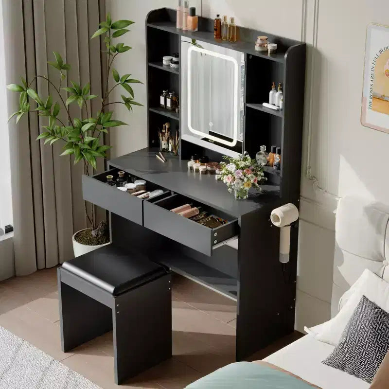 Coiffeuse avec miroir, coiffeuse avec tabouret rembourré, table de maquillage