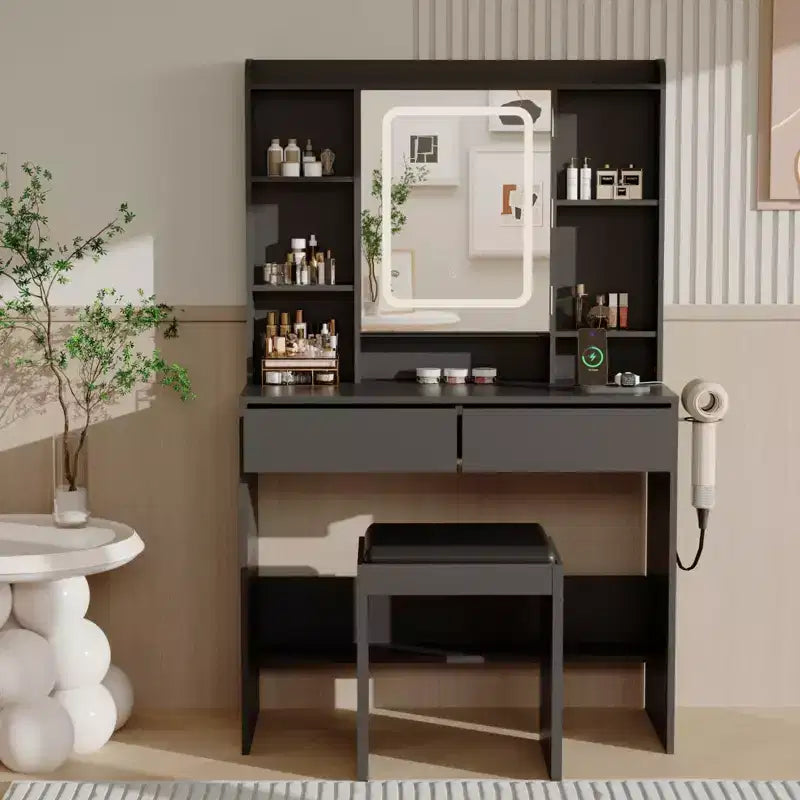 Coiffeuse avec miroir, coiffeuse avec tabouret rembourré, table de maquillage