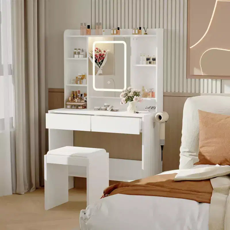 Coiffeuse avec miroir, coiffeuse avec tabouret rembourré, table de maquillage