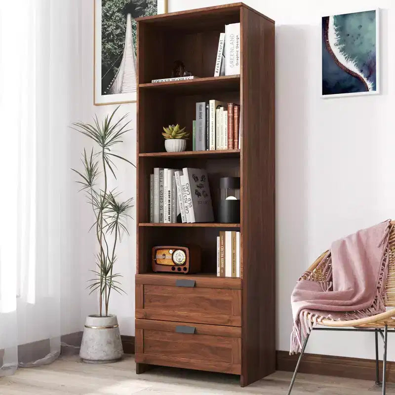 Étagère Bibliothèque avec Tiroirs 4 Niveaux pour Salon Maison Noyer