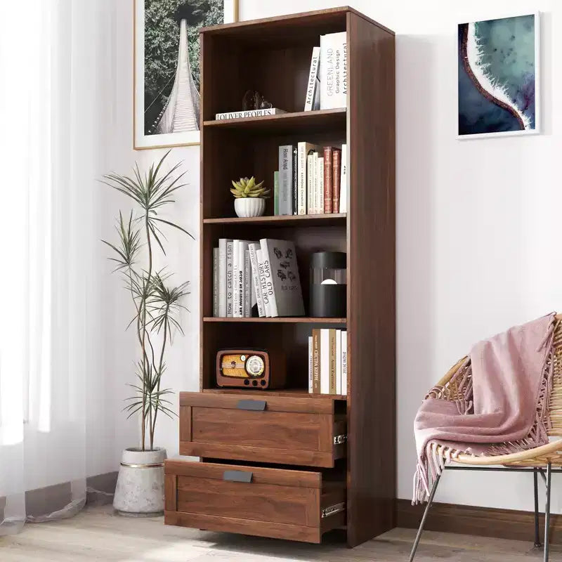 Étagère Bibliothèque avec Tiroirs 4 Niveaux pour Salon Maison Noyer