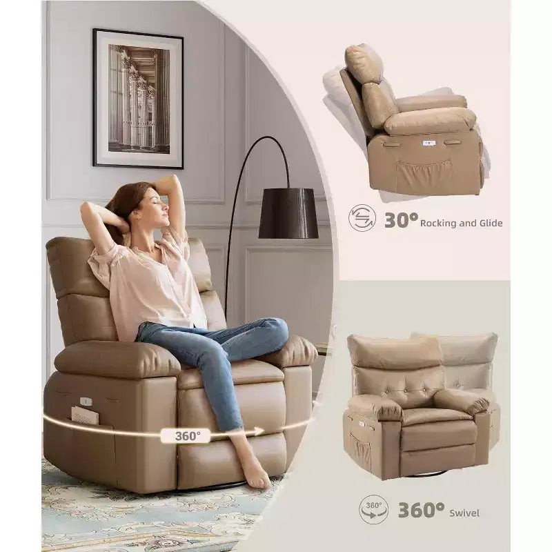 Fauteuil inclinable électrique à bascule avec massage et chaleur, fauteuil inclinable électrique pivotant en similicuir, USB