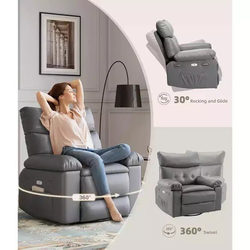 Fauteuil inclinable électrique à bascule avec massage et chaleur, fauteuil inclinable électrique pivotant en similicuir, USB