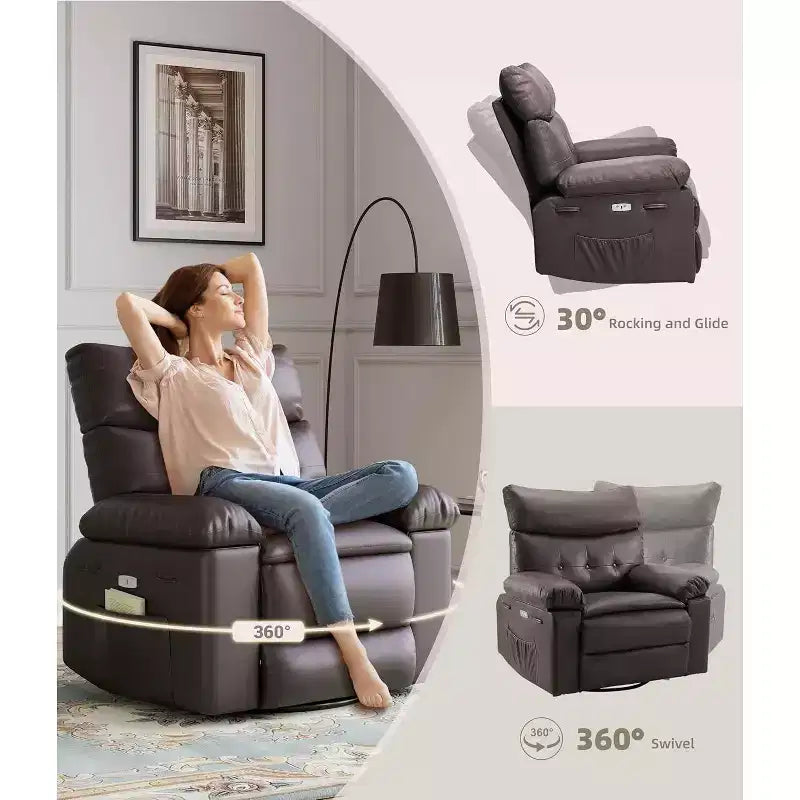 Fauteuil inclinable électrique à bascule avec massage et chaleur, fauteuil inclinable électrique pivotant en similicuir, USB