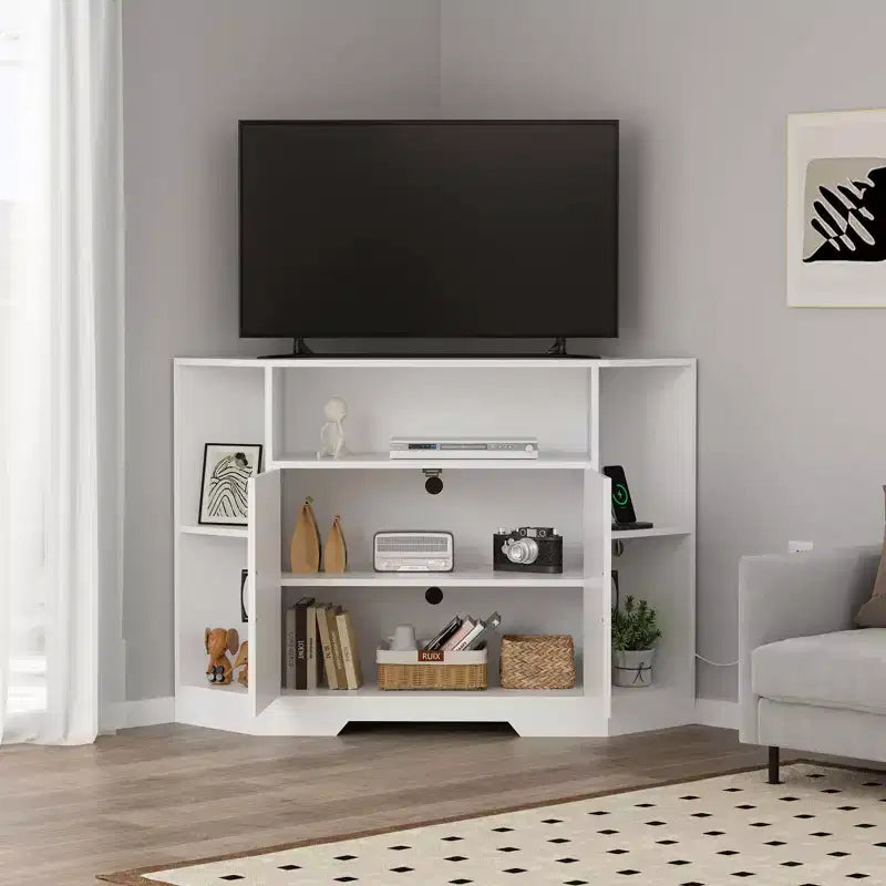 Meuble TV d'angle avec prise de courant intégrée, console multimédia en bois avec rangements et étagères