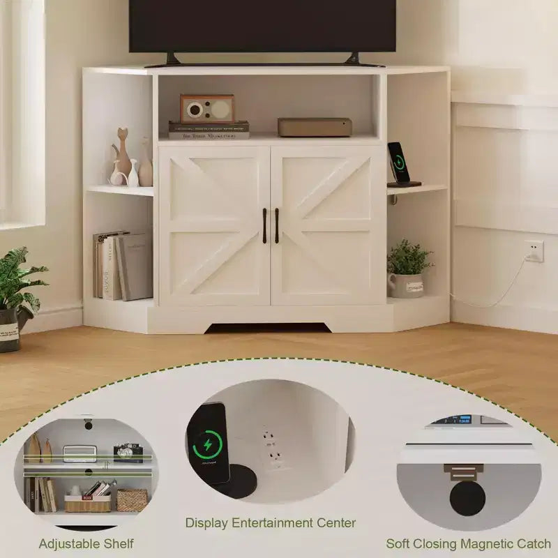 Meuble TV d'angle avec prise de courant intégrée, console multimédia en bois avec rangements et étagères