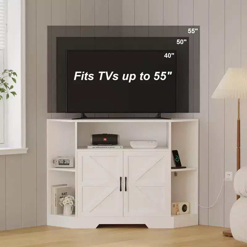 Meuble TV d'angle avec prise de courant intégrée, console multimédia en bois avec rangements et étagères