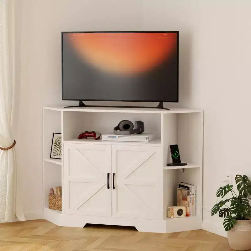 Meuble TV d'angle avec prise de courant intégrée, console multimédia en bois avec rangements et étagères