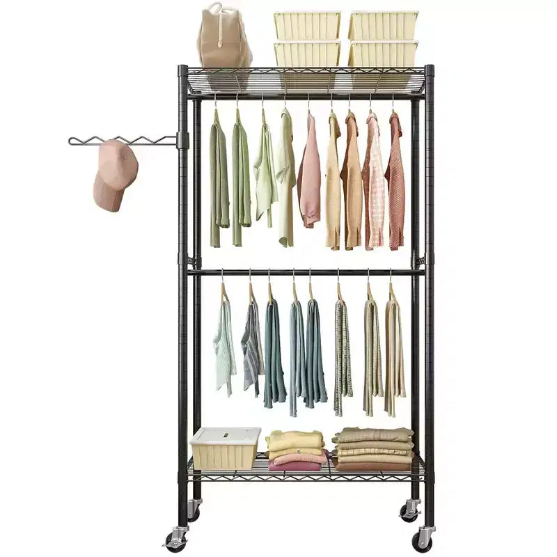 Porte-manteau en acier au carbone noir avec double barre transversale et espacement des couches réglable