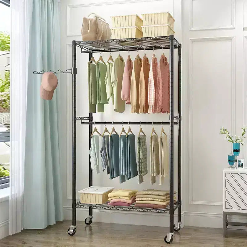 Porte-manteau en acier au carbone noir avec double barre transversale et espacement des couches réglable