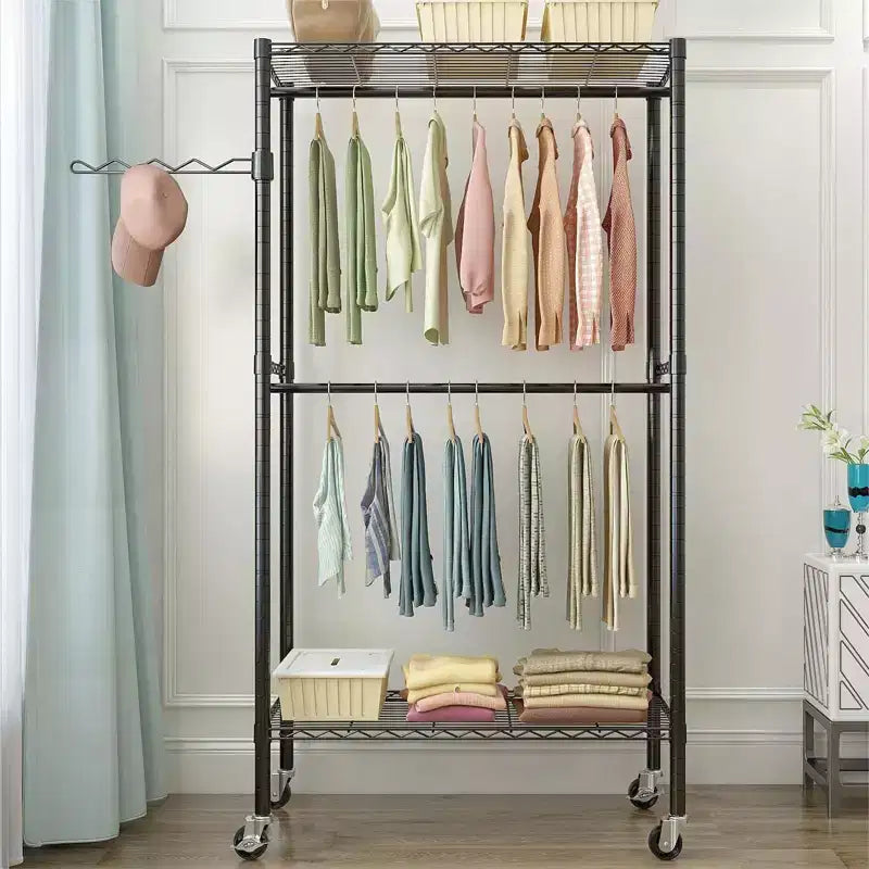 Porte-manteau en acier au carbone noir avec double barre transversale et espacement des couches réglable