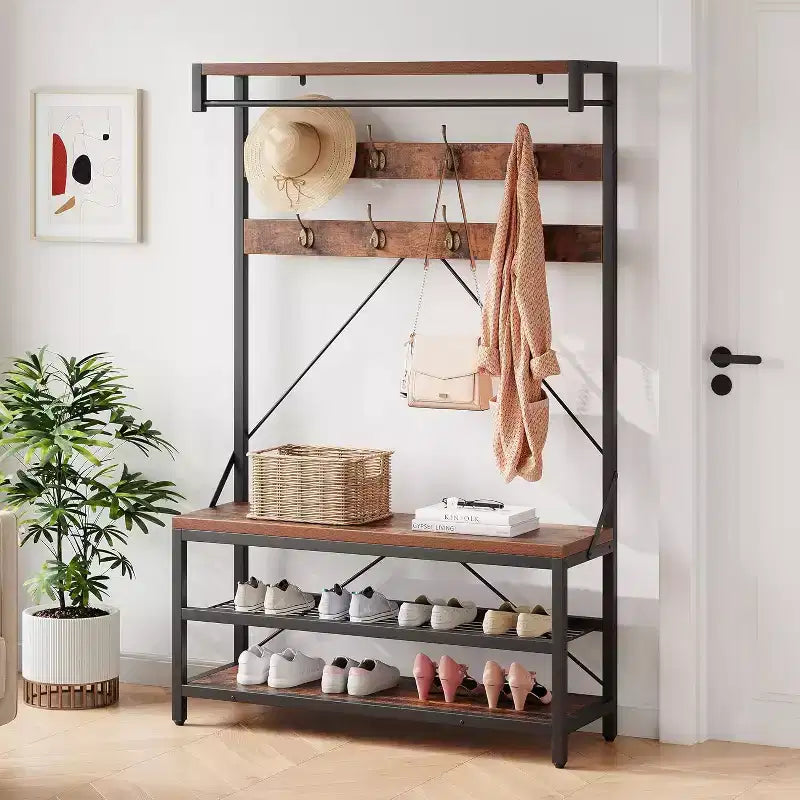 Coat Rack Shoe Bench, Industrial Hall Tree Storage Bench, Wood Look Accent Large Shoe Rack with Storage Shelf Hanging Bar, 8 Hooks, Rustic Brown