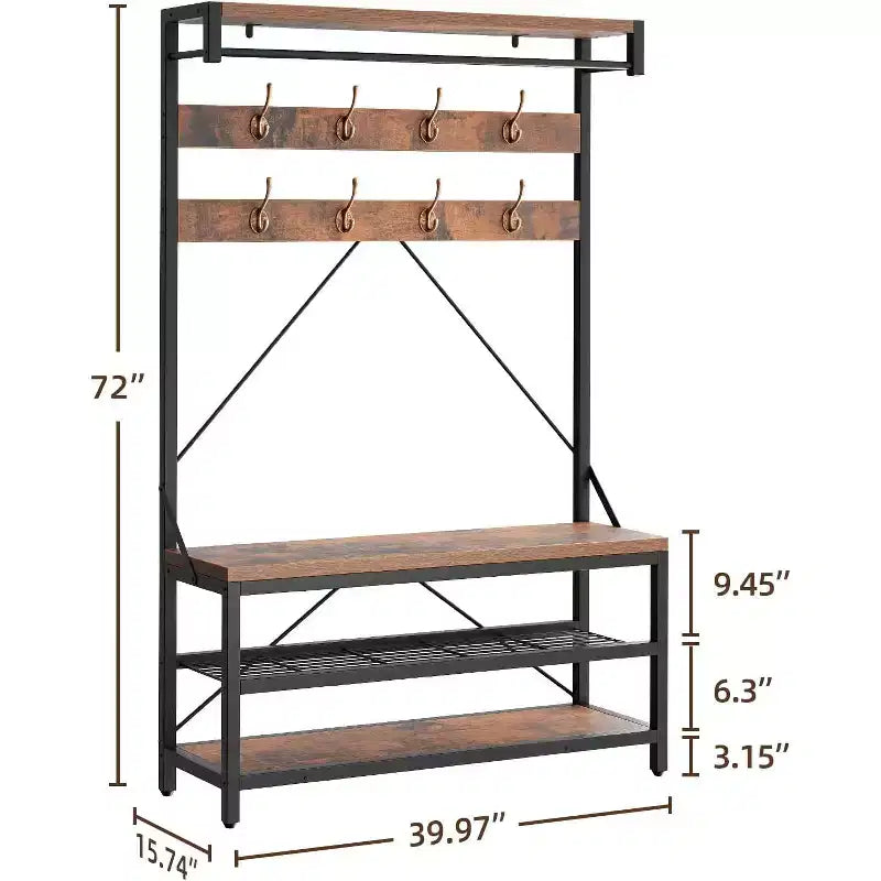 Coat Rack Shoe Bench, Industrial Hall Tree Storage Bench, Wood Look Accent Large Shoe Rack with Storage Shelf Hanging Bar, 8 Hooks, Rustic Brown