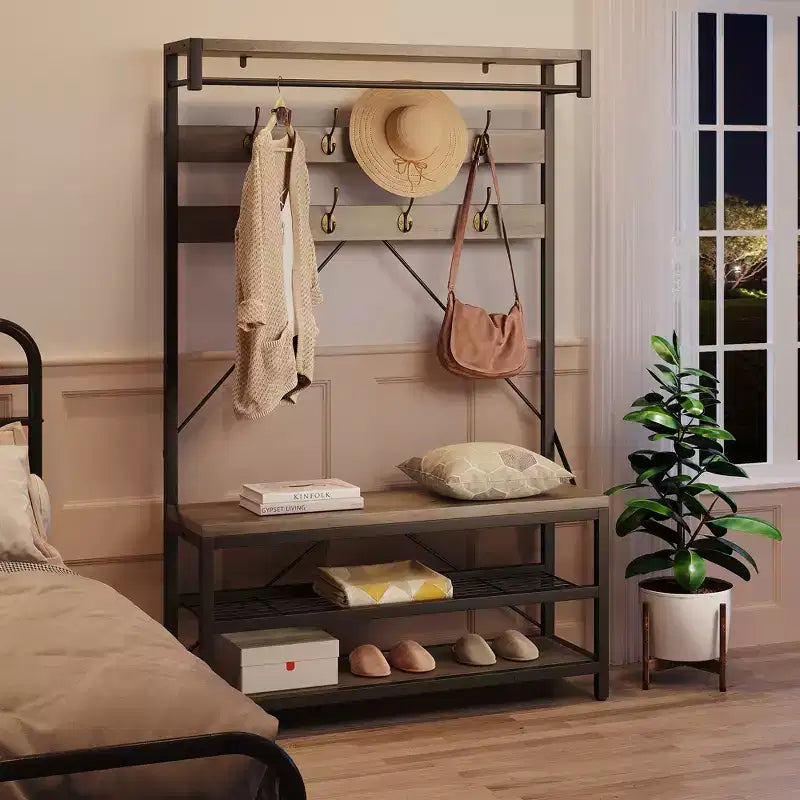 Coat Rack Shoe Bench, Industrial Hall Tree Storage Bench, Wood Look Accent Large Shoe Rack with Storage Shelf Hanging Bar, 8 Hooks, Rustic Brown
