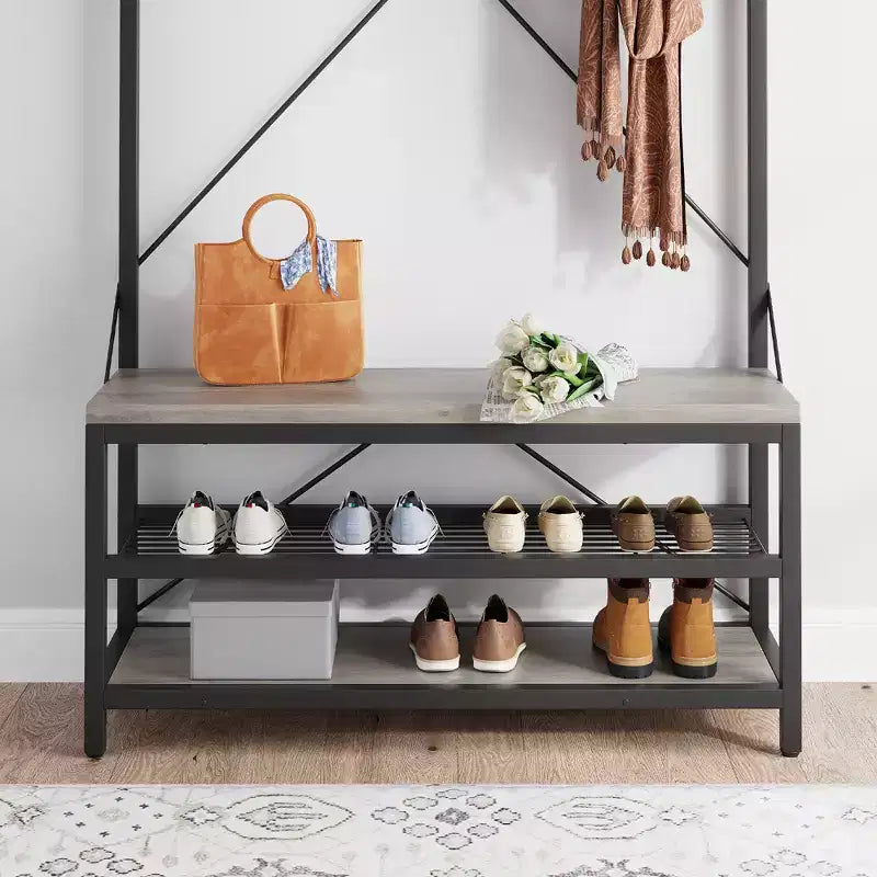 Coat Rack Shoe Bench, Industrial Hall Tree Storage Bench, Wood Look Accent Large Shoe Rack with Storage Shelf Hanging Bar, 8 Hooks, Rustic Brown