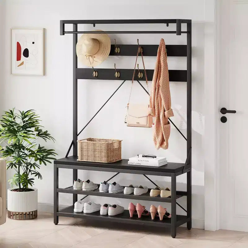 Coat Rack Shoe Bench, Industrial Hall Tree Storage Bench, Wood Look Accent Large Shoe Rack with Storage Shelf Hanging Bar, 8 Hooks, Rustic Brown