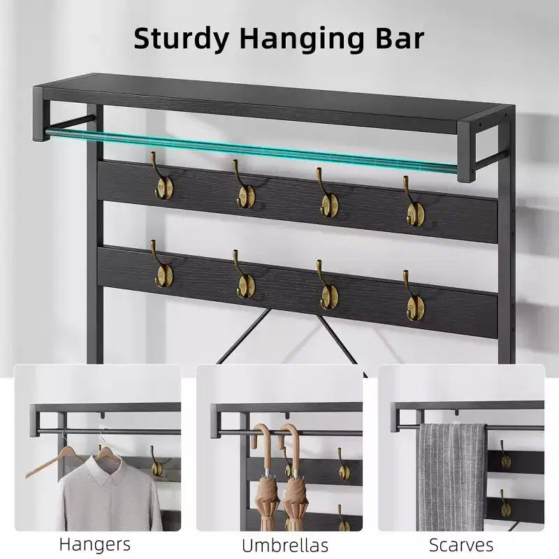 Coat Rack Shoe Bench, Industrial Hall Tree Storage Bench, Wood Look Accent Large Shoe Rack with Storage Shelf Hanging Bar, 8 Hooks, Rustic Brown