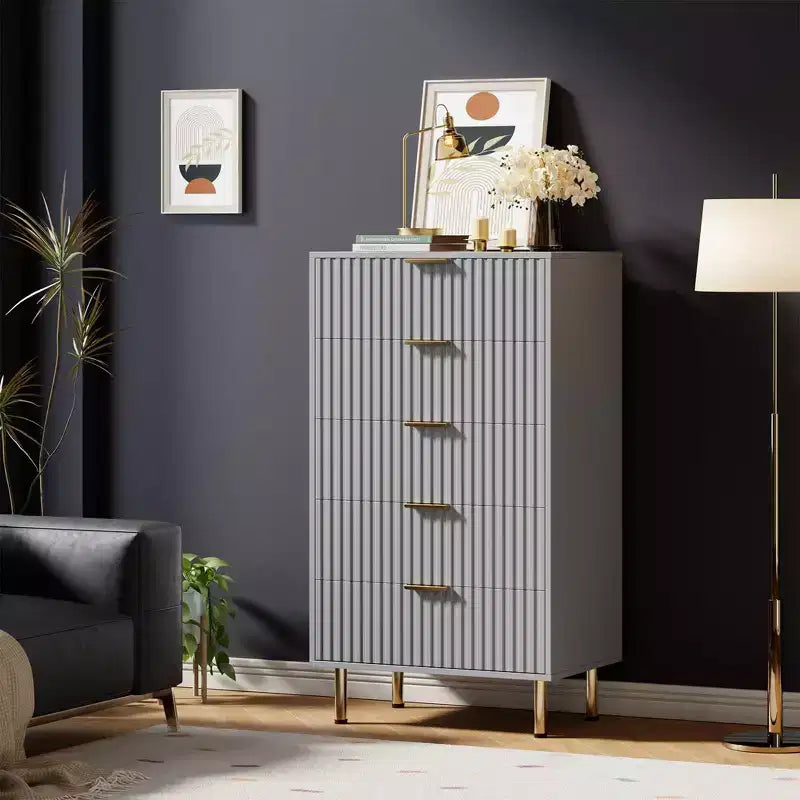 Modern Wooden 48 Tall Fluted 5 Drawer Dresser with Deep Drawers and Wide Top for Bedroom, Living Room, Hallway, Kids Room