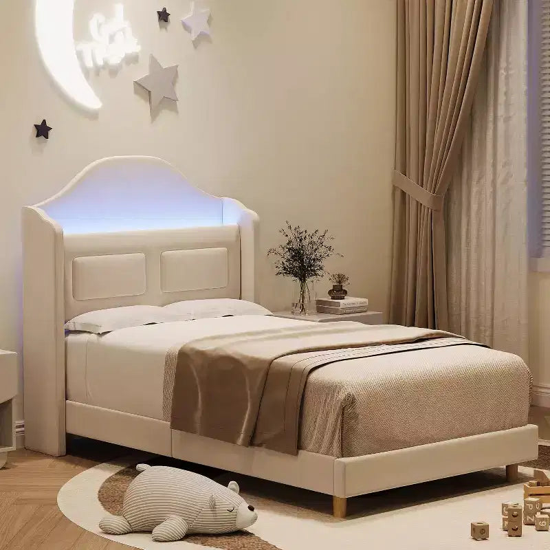 Pink Velvet Twin Bed Frame with Bookcase Headboard, Glow Feature, Storage, No Box Spring, Easy Assembly