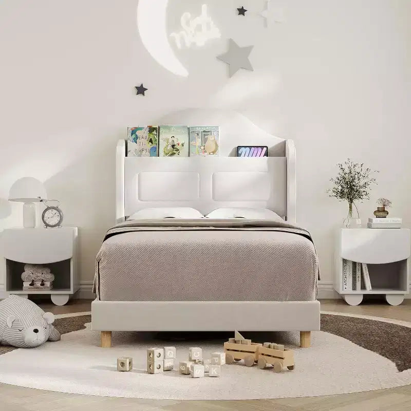 Pink Velvet Twin Bed Frame with Bookcase Headboard, Glow Feature, Storage, No Box Spring, Easy Assembly