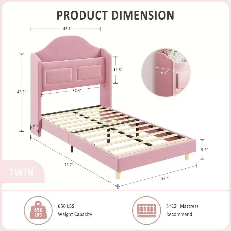 Pink Velvet Twin Bed Frame with Bookcase Headboard, Glow Feature, Storage, No Box Spring, Easy Assembly
