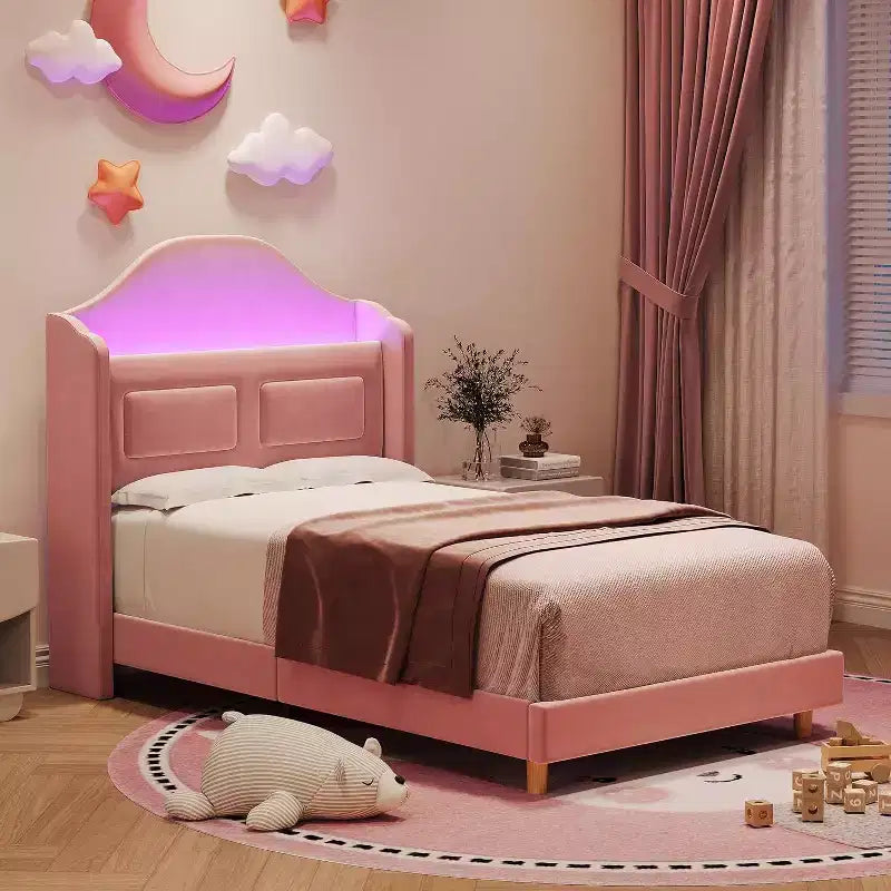 Pink Velvet Twin Bed Frame with Bookcase Headboard, Glow Feature, Storage, No Box Spring, Easy Assembly