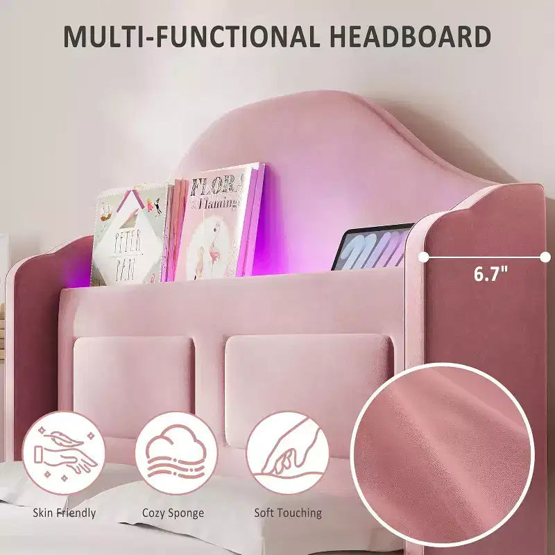 Pink Velvet Twin Bed Frame with Bookcase Headboard, Glow Feature, Storage, No Box Spring, Easy Assembly