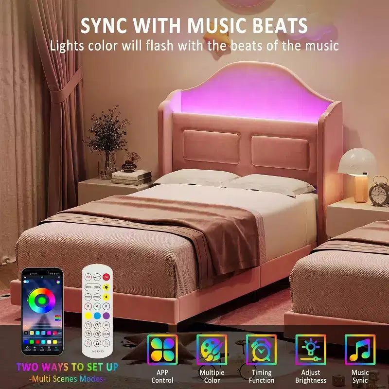 Pink Velvet Twin Bed Frame with Bookcase Headboard, Glow Feature, Storage, No Box Spring, Easy Assembly