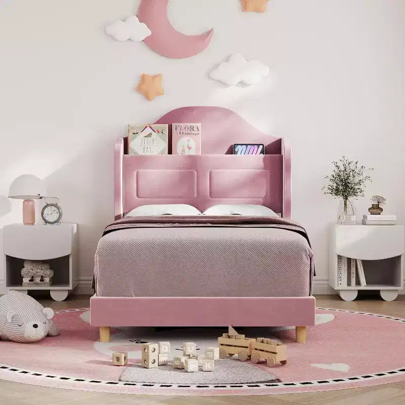 Pink Velvet Twin Bed Frame with Bookcase Headboard, Glow Feature, Storage, No Box Spring, Easy Assembly