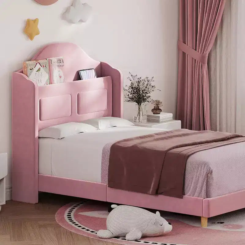 Pink Velvet Twin Bed Frame with Bookcase Headboard, Glow Feature, Storage, No Box Spring, Easy Assembly