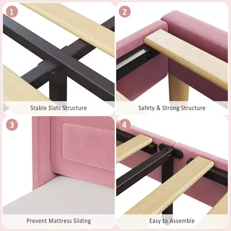Pink Velvet Twin Bed Frame with Bookcase Headboard, Glow Feature, Storage, No Box Spring, Easy Assembly