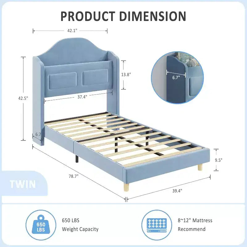 Pink Velvet Twin Bed Frame with Bookcase Headboard, Glow Feature, Storage, No Box Spring, Easy Assembly
