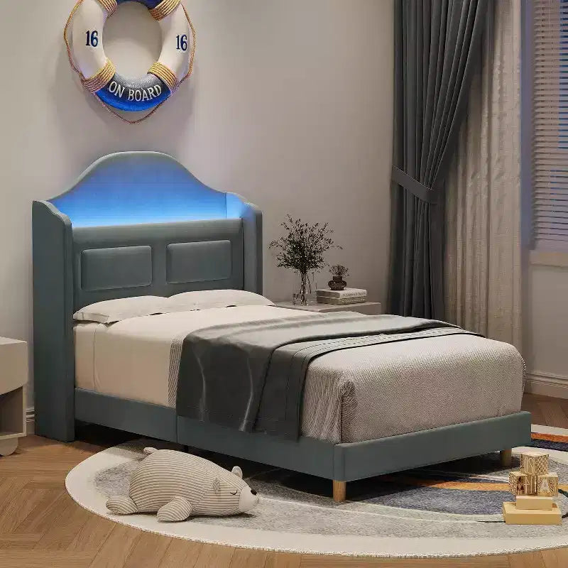 Pink Velvet Twin Bed Frame with Bookcase Headboard, Glow Feature, Storage, No Box Spring, Easy Assembly