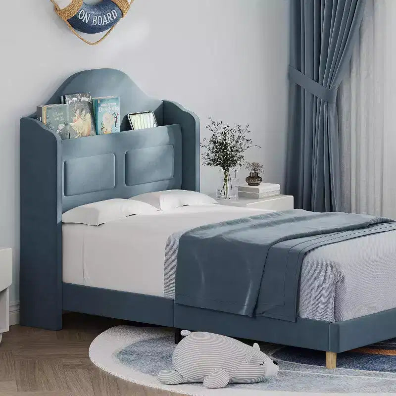 Pink Velvet Twin Bed Frame with Bookcase Headboard, Glow Feature, Storage, No Box Spring, Easy Assembly