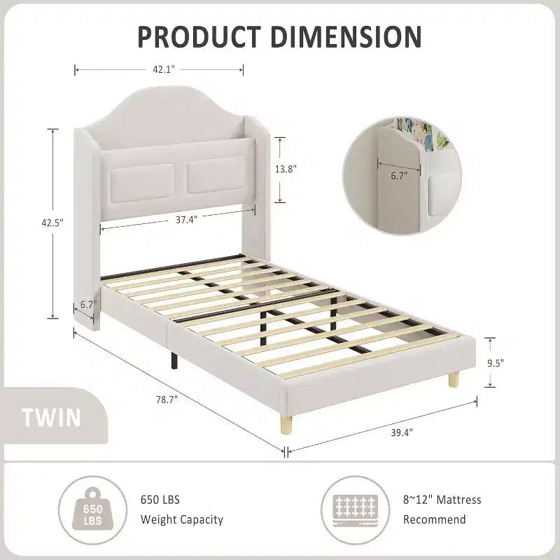 Pink Velvet Twin Bed Frame with Bookcase Headboard, Glow Feature, Storage, No Box Spring, Easy Assembly