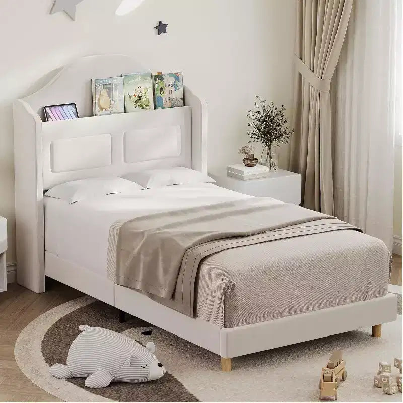 Pink Velvet Twin Bed Frame with Bookcase Headboard, Glow Feature, Storage, No Box Spring, Easy Assembly