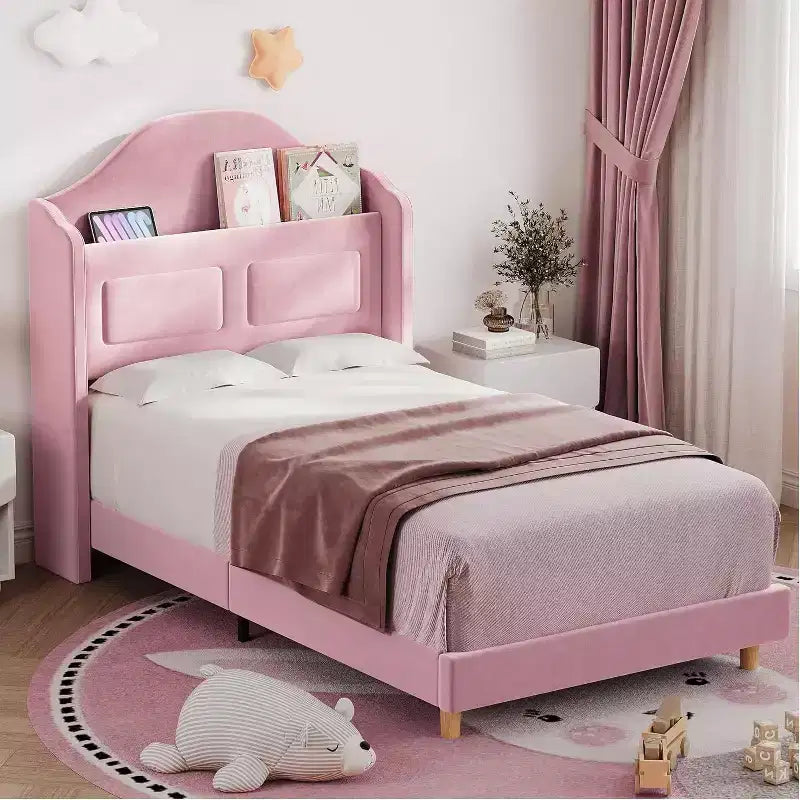 Pink Velvet Twin Bed Frame with Bookcase Headboard, Glow Feature, Storage, No Box Spring, Easy Assembly
