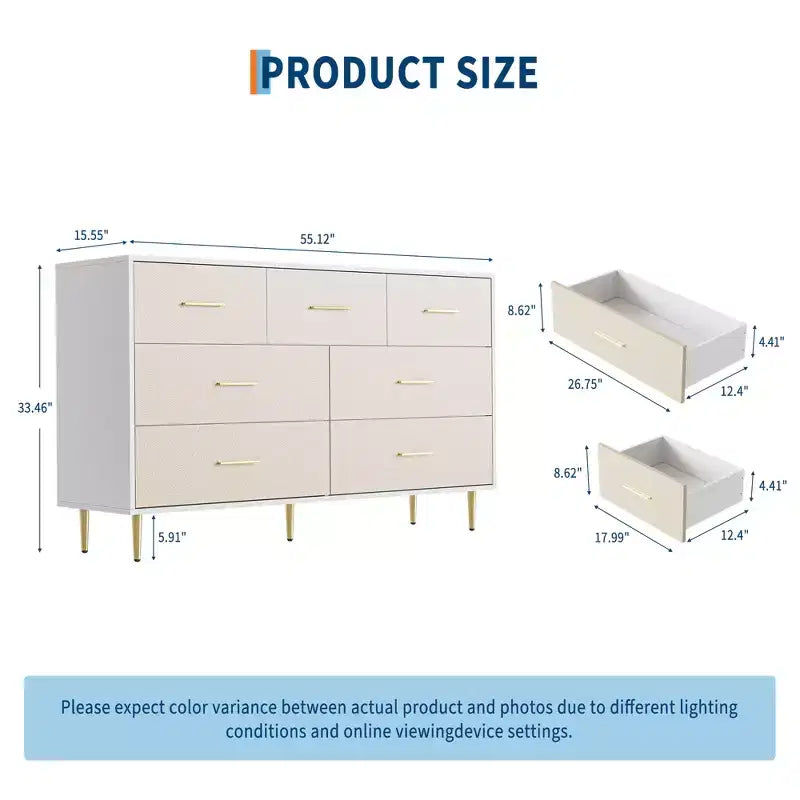 COZONY 7-Drawer Dresser with Gold Handles, Modern Wood Chest with Metal Legs, White Storage Organizer for Bedroom, Living Room, Hallway