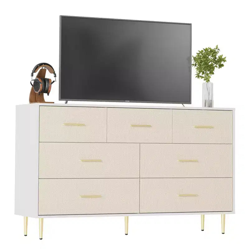 COZONY 7-Drawer Dresser with Gold Handles, Modern Wood Chest with Metal Legs, White Storage Organizer for Bedroom, Living Room, Hallway