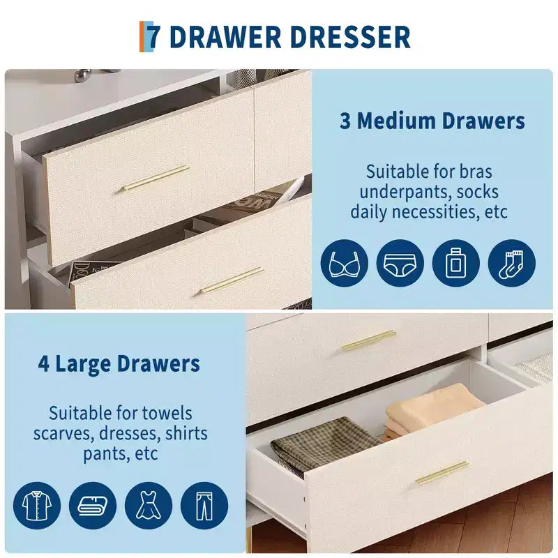 COZONY 7-Drawer Dresser with Gold Handles, Modern Wood Chest with Metal Legs, White Storage Organizer for Bedroom, Living Room, Hallway