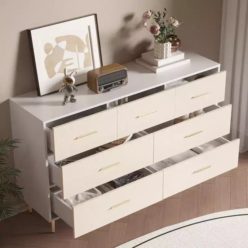 COZONY 7-Drawer Dresser with Gold Handles, Modern Wood Chest with Metal Legs, White Storage Organizer for Bedroom, Living Room, Hallway
