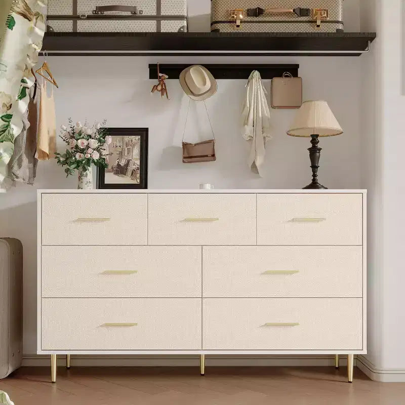 COZONY 7-Drawer Dresser with Gold Handles, Modern Wood Chest with Metal Legs, White Storage Organizer for Bedroom, Living Room, Hallway