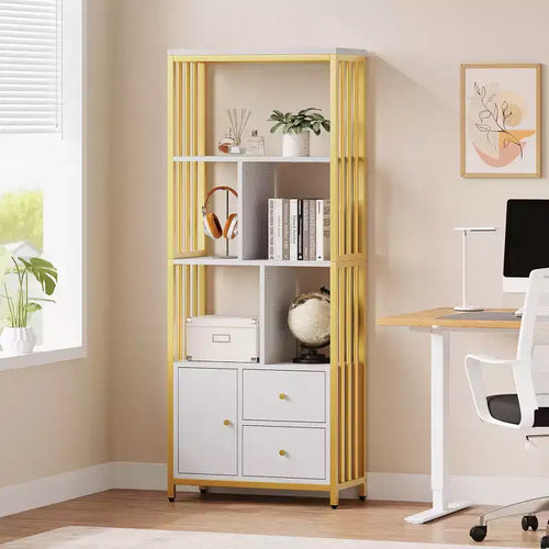 62 Gold Bookshelf with Metal Frame, 3 Drawers & Door, 4-Tier White Gold Bookcase for Office Living Room