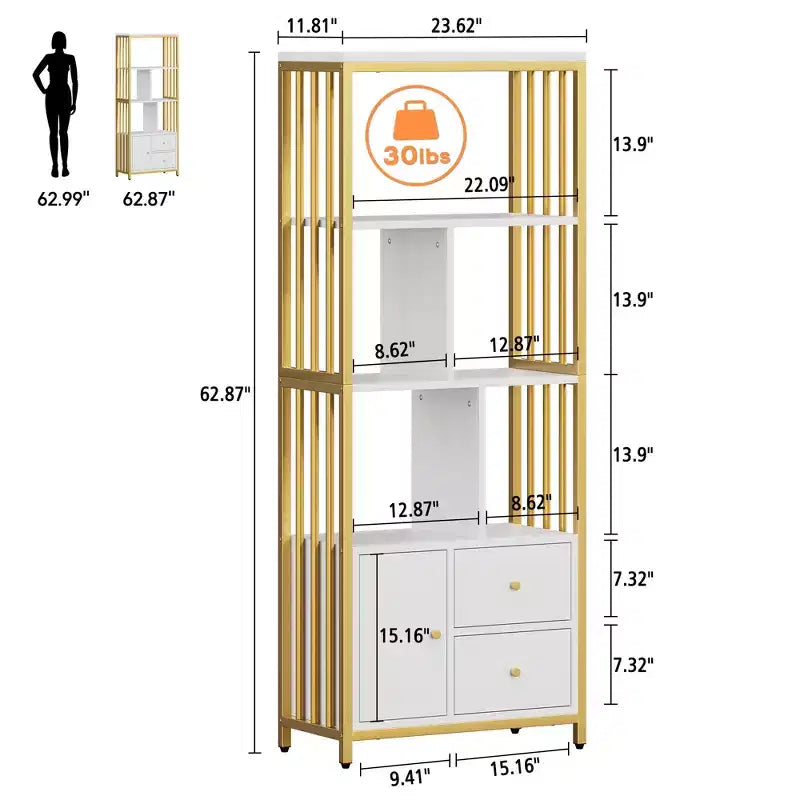 62 Gold Bookshelf with Metal Frame, 3 Drawers & Door, 4-Tier White Gold Bookcase for Office Living Room
