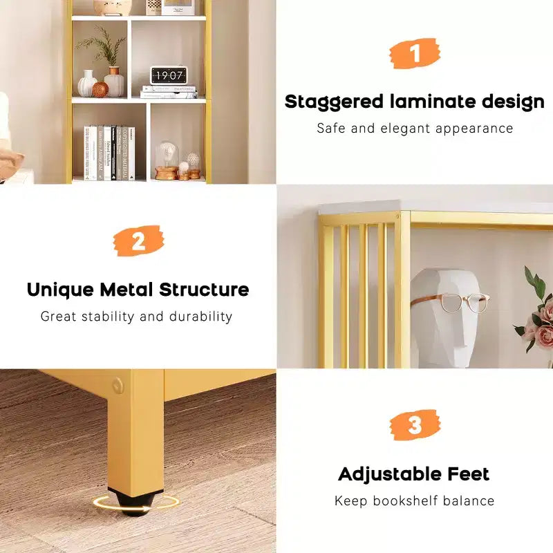 62 Gold Bookshelf with Metal Frame, 3 Drawers & Door, 4-Tier White Gold Bookcase for Office Living Room