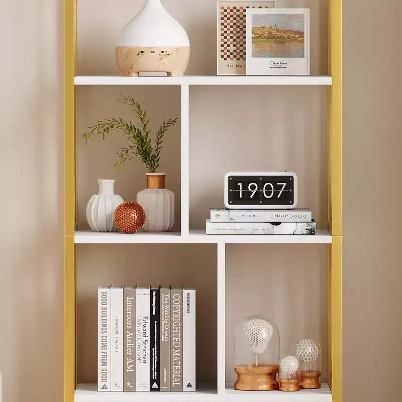62 Gold Bookshelf with Metal Frame, 3 Drawers & Door, 4-Tier White Gold Bookcase for Office Living Room