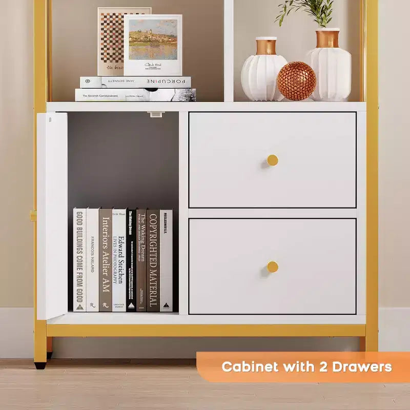 62 Gold Bookshelf with Metal Frame, 3 Drawers & Door, 4-Tier White Gold Bookcase for Office Living Room